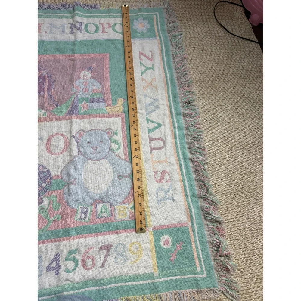 Vintage ABC Alphabet Numbers Teddy Bear Woven Tapestry Throw Blanket Pastel baby